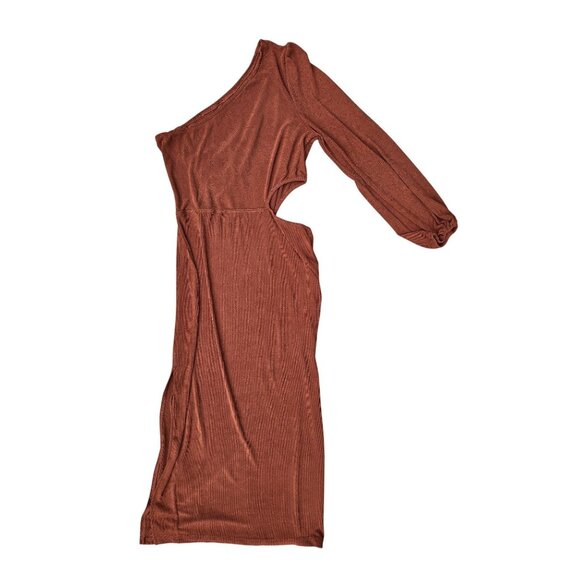 One-Shoulder Rust Brown Midi Dress With Puff Sleeve & Cut-Out Detail - Picture 6 of 6